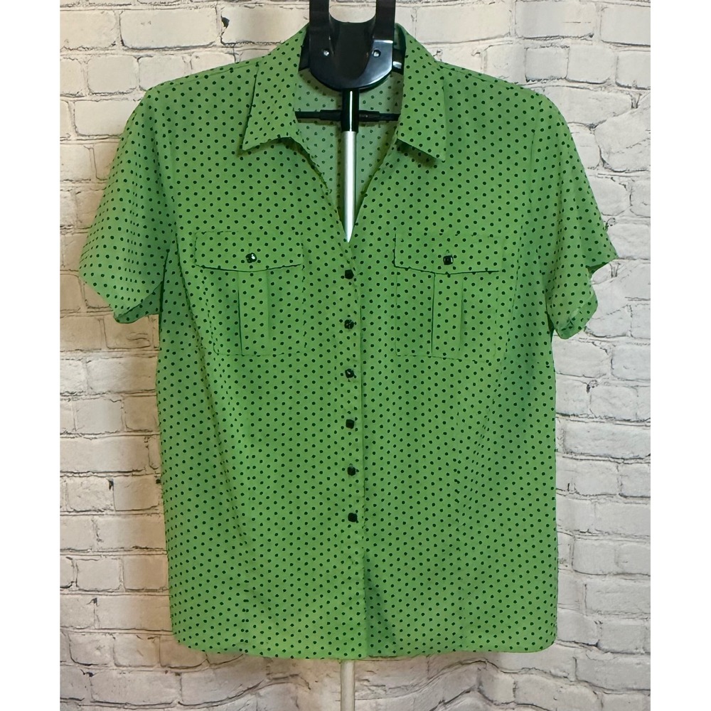90's Notations Woman Lime Green Polka Dot Short Sleeve Button Down Blouse